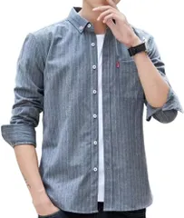 [エンプティオ] ストリート モード系 長袖 ストライプ 襟付き トップス メンズ v系 リゾート ダンス アウトドア ワークシャツ アウター アメリカンミリタリー ボタンダウン カジュアルシャツ 羽織り ビッグシルエット ポケット付 [ライトグレー] [L]