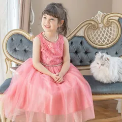 【コーラルピンク】ウエストビジューのレースドレス TAK キッズ キャサリンコテージ