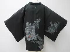 【一輝堂】【着物】黒羽織　縫い紋　絵羽柄　花車文　羽織り紐別売り　身丈約76.5cm　裄丈約64cm　25z02-1038