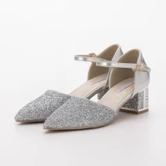 チャンキーヒールパンプス レディース シルバー 5cmヒール グリッター アンクルストラップ ポインテッドトゥ 安定感 結婚式 冠婚葬祭 オケージョン 3419