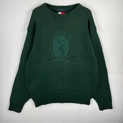 古着 90's/90年代 トミーヒルフィガー TOMMY HILFIGER 長袖 セーター コットン ニット ビッグロゴ 刺繍 L  グリーン 無地 メンズ