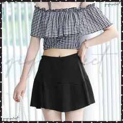 送料無料  水着 オフショルダーチェック柄水着韓国風ギンガムチェック セパレート水着 レディース 露出控えめ ハイウエスト パンツ付きミニスカート 2点セット水着大人可愛いビーチウェア海水浴 体型カバーみずぎ リゾート サマー海