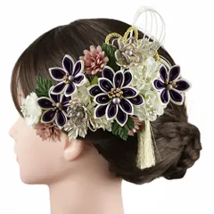 髪飾り 成人式 振袖 3点セット つまみ細工 剣つまみ 紫 白 ゴールド 房 房付き 組紐 水引 造花 レース 大きい 小さい コーム No.9-5331