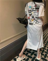 ロングワンピース Tシャツワンピ 半袖 英字プリント レディース クルーネック ワンピース 夏 ロング丈 マキシワンピース スリット入り カジュアル 体型カバー マタニティ ゆったり 肌触り 柔らかい 楽ちん xzxiaoyun441