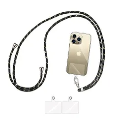 ゴールド入りブラック AOKKR スマホストラップ 首掛け, ショルダーストラップ 1本+透明タグパッチ3枚入り ネックストラップ 肩掛け用 ロング 携帯ストラップ 斜めがけ 首から下げる 長さ調整 忘れ物防止 スマホ紛失予防に 全機種対応 スマホストラップ,