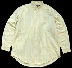 00s ラルフローレン CLASSIC FIT ストライプ ボタンダウン オックスフォード コットンシャツ 黄×水色 16.5★77 特大 オールド ロゴ刺繍