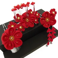 七五三 髪飾り 三歳 七歳 日本髪 つまみ細工 赤 花 2個セット かんざし ちりめん ビラ お正月 髪型 ヘアスタイル ヘアアレンジ No.9-4154