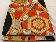 平和屋着物◎六通柄袋帯　唐織　立涌花文　黒地　金銀糸　正絹　逸品　BAAT4534wb