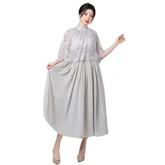 [TIGLOSS] パーティードレス 結婚式 フォーマル ロング ドレス レディース ワンピース パーティー Aライン 袖付き お呼ばれ セレモニー レース 大人 [グレー] [S]