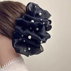 ブラックパール HAPVITAL フリル リボン バンスクリップ 大きめ 大きめ 可愛い ヘアクリップ 大人っぽい ヘアアクセサリー セット ヘアクリップ 髪留め ヘアアクセサリー クリップ バナナクリップ 髪飾り韓国風 オフィス 贈り物 レディース用 おしゃ