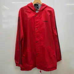80~90's adidas/アディダス80～90年代 ベンチコート スリーライン フード ヴィンテージ ライトアウター ドローコード ワンポイントプリント オーバーサイズ ビッグシルエット マカオ製 メンズ M レッド