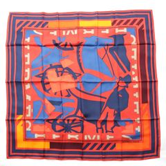 エルメス カレ90 シルク PUZZLE パズル スカーフ ホース 馬モチーフ レッド×ネイビー【中古】