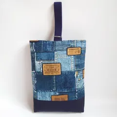 ハンドメイド リバーシブル デニム風 × 星 シューズケース シューズケース 上履き入れ 上履きバッグ シューズバッグ 上靴入れ 上靴バッグ 上履きバック 上靴ケース シューズバック シューズ入れ 入園 入学 スター 男の子 パッチワーク風 ジーンズ風