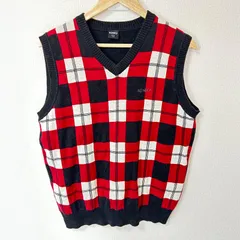 (^w^)b IGNIO イグニオ Vネック ニットベスト チェック柄 トップス プルオーバー ゴルフウェア アウトドア 重ね着 レイヤード おしゃれ レッド 赤×ブラック 黒 メンズ サイズL