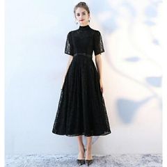 パーティードレス 大きいサイズ 半袖ドレス 4XL ハイネックドレス 結婚式 ブライズメイドドレス 20代 30代 ブラック 黒 フォーマル ミモレ丈 ピアノ発表会 演奏会 d9291f0kc