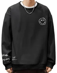 9890-ブラック_3XL [Bligo] パーカー スマイル トレーナー メンズ 秋服 レタープリント トップス おおきいサイズ プルオーバー 長袖 tシャツ 丸首 カジュアル スウェット 無地 ゆったり 韓国 ファッション おしゃれ ドロップショルダー 冬