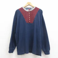 XL/古着 トミーヒルフィガー トミージーンズ 長袖 ブランド Tシャツ メンズ 90s 大きいサイズ コットン ヘンリーネック 紺 ネイビー 25oct2