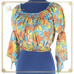 ベリーダンス 衣装 トップス Garam garam ブルー系 水色 オレンジ系 イエロー系 黄色 花柄 柄 模様 ガラムガラム 練習 舞台 イベント 発表会 花柄トップス フラワープリント ダンス衣装 カラフル 可愛い おしゃれ ショート丈 レディース