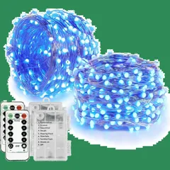 10m リモコン付 8パターン ワイヤーライト 100電球 点滅 点灯 タイマー機能 防水 ストリングライト 電池式 ハロウィン 飾り クリスマスツリー 電飾 パーティー 新年 LEDイルミネーションライト 結婚式 装飾 誕生日 屋内屋外使用可能(ブルー ２個