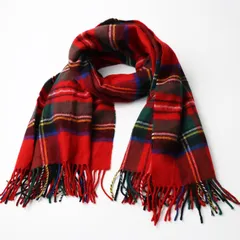 スコットランド製 ジョンスコット JOHN SCOTT 大判 ウール フリンジ タータンチェックストール/レッド マフラー 【2400014423129】