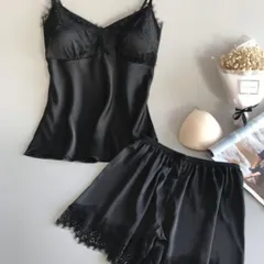 キャミソール セットアップ ネグリジェ 部屋着 セクシー 可愛い 黒 Mサイズ キャミソール 上下セット レース ブラック