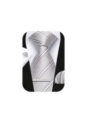 [HISDERN] A4-01 結婚式 シルバー ネクタイ チーフ タイピン カフスボタン 4点セット シルク フォーマル メンズ 幅8.5cm ブランド品 冠婚葬祭 婚礼用 礼服用 新郎 41柄