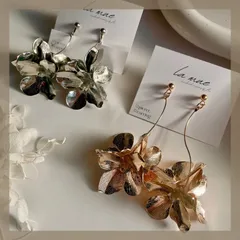 選べる長さ♡ ハンドメイドピアス《304ステンレス 24KGP 本金メッキ ポスト》 メタル フラワー お花 ワイヤー ピアス ゴールド シルバー 小粒 パール 揺れる ロング ショート ウェディング ブライダル アレルギー対応《イヤリング変更可能》