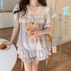 パジャマ ルームウェア レディース フリル袖 レース切替え 春夏 上下セット 半袖 トップス 短パン ショートパンツ 2点セット レース フリル