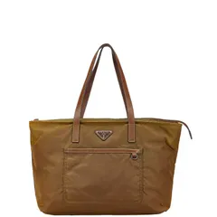 プラダ 三角ロゴプレート ハンドバッグ トートバッグ カーキグリーン ブラウン ナイロン レザー レディース PRADA【1-0198606】