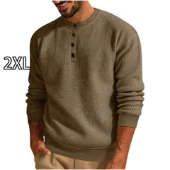 [2XL]秋冬 コーデ メンズ  服 シンプル ファッション オシャレ 大人 かっこいい 大きいサイズ ストリート 紳士服  ソリッドカラー カジュアル ラウンドネック 長袖 ワッフル ヘンリー カラー トップス T シャツ