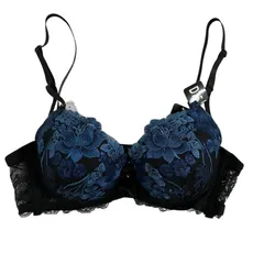 dazzy store ルミナスリッチフルーレット育乳脇高ブラジャー&フルバックショーツセット D75 サイズM ブラック ブルーのサムネイル