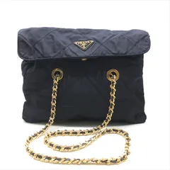 良品 PRADA プラダ 三角ロゴ プレート ナイロン テスート キルティング チェーン ショルダー トート バッグ ネイビー k5167