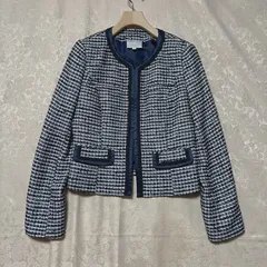 【美品】Emma james エマジェームス ノーカラー ツイード ジャケット 9号 M ネイビー セレモニー フォーマル 入学式