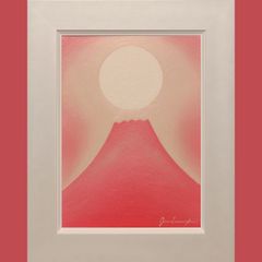 優しいピンクの●『日の出桜富士』がんどうあつし油絵原画F4号ホワイト額付紅富士山
