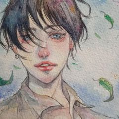 専用　手描きイラスト　黒髪ボブの男子×2枚　水彩画 専用 手描きイラスト 黒髪ボブの男子×2枚 水彩画 の通販 by むぅ