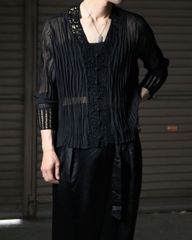 crochet × pleats design sheer shirt black クロシェ編み ランダム プリーツ ノーカラー シアー 透け感 シースルー 長袖シャツ 黒 70s 80s
