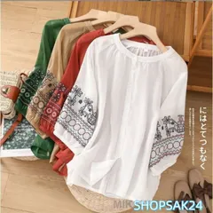 ブラウス トップス シャツ 半袖 レディース チュニック 半袖シャツ 夏 花柄 刺繍 無地 5分袖 カットソー 体型カバー 綿麻 コットンリネン フレア ゆったり673