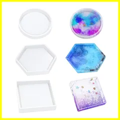 サムコス 3個セット コースター シリコンモールド 丸 六角形 正方形 エポキシ樹脂 UVレジン 粘土 ソフトモールド DIY 手作り 置き皿 皿 型 抜き型 取り出し簡単 樹脂工芸品 贈り物 (F)