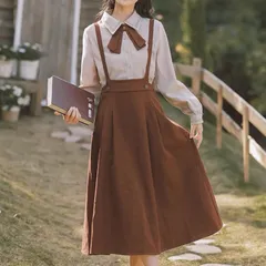 【新品】フレンチレトロ♡ボウタイブラウス＋サロペットスカート レディース ワンピース セットアップ 秋冬 ブラウス スカート 茶色 S  M L XL　E1320