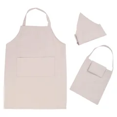 キッズエプロン新品エプロン三角巾収納袋3点セット　かぶるだけ　1人で着られる　ライトグレー防水加工マジックテープ式名前タグ付き エプロン おしゃれ 学校用 料理実習 防水 家庭