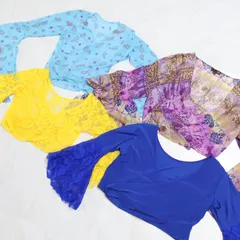【ベリーダンス まとめ売り】チョリ トップス 全4点セット 青 黄色 紫 水色 花柄 フリル リボン レース レッスン着 透け感