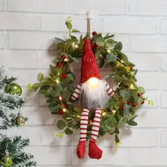 LEDライト付き クリスマスノームリース【暖かな光】壁掛けオーナメント エルフ/サンタクロースデザイン 玄関・リビング・ツリーに festive decor 乾電池式