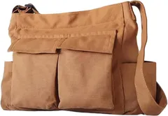 LENLOC（レンロック） ショルダー トートバッグ キャンバスバッグ ファスナー付き 大容量 肩掛け 斜めがけ 帆布バッグ たすき掛け 軽量 大きめ おしゃれ(ブラウン,  15 x 49 x 33 cm)