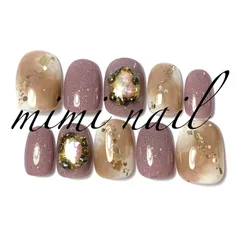 現品限りマーブル＆ブローチ風ネイルチップ ハンドメイド ジェルコート済