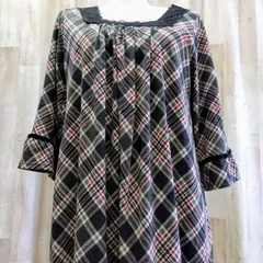 MOUTH valley チェック柄 レース襟 フリル袖ブラウス L ブラック×ベージュ×レッド 五分袖 トップス