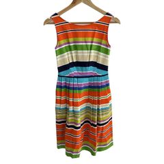 Kate spade(ケイトスペード) ワンピース サイズ0 XS レディース美品  - オレンジ×白×マルチ クルーネック/ノースリーブ/ひざ丈/ボーダー