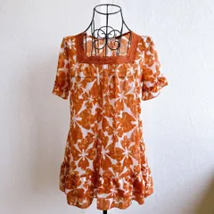 美品✨ グリス GLISSE チュニック レディース Aライン フリル 花柄 総柄 スクエアネック レース 透け感 シフォン 綿 100 コットン Cotton 大人ガーリー フェミニン デイリー ゆったりコーデ 白 ホワイト オレンジ