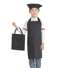 ブラック_3点セット-幼児用(100~120cm)S [JACKIE&YORK] エプロン 子供 キッズ 三角巾 収納バッグ付き 着脱簡単 小学生 男女兼用 かわいい シンプル ホコリが付きにくい (幼児用(100~120cm) S,ブラック)