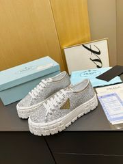 新品 PRADA プラダ スニーカー クリスタル サテンxレザー ホワイト