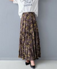 フラワーワッシャーティアードスカート  スカート/ロングスカート/フレアスカート/花柄/ボリュームスカート/ティアード/フリル/ロング丈/マキシ丈/ウエストゴム